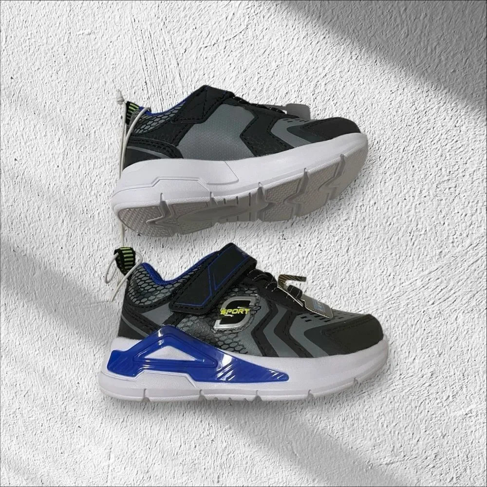 SKECHERS Sneakers S Lites NEW Light Up No tie Straps Black Blue Infant Size 5